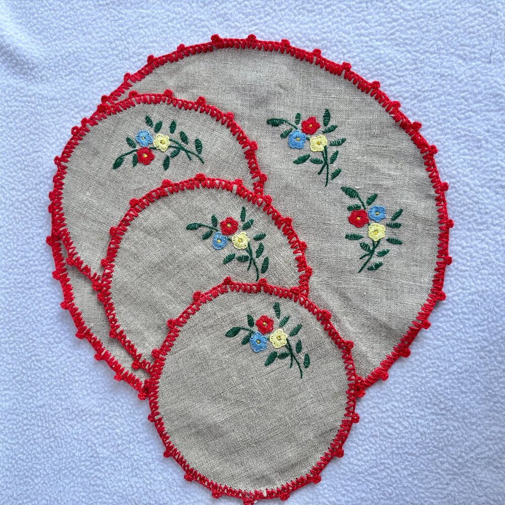 Set of 4 Linen Hand Embroidered Floral Doilies Made in Poland